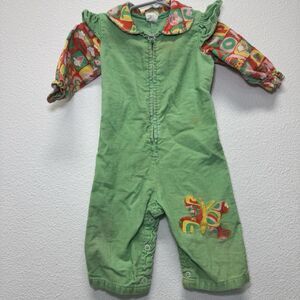 Sears Girl 6 Months‎ Green 70s Corduroy Jumper Overalls Vintage Butterfly Clown